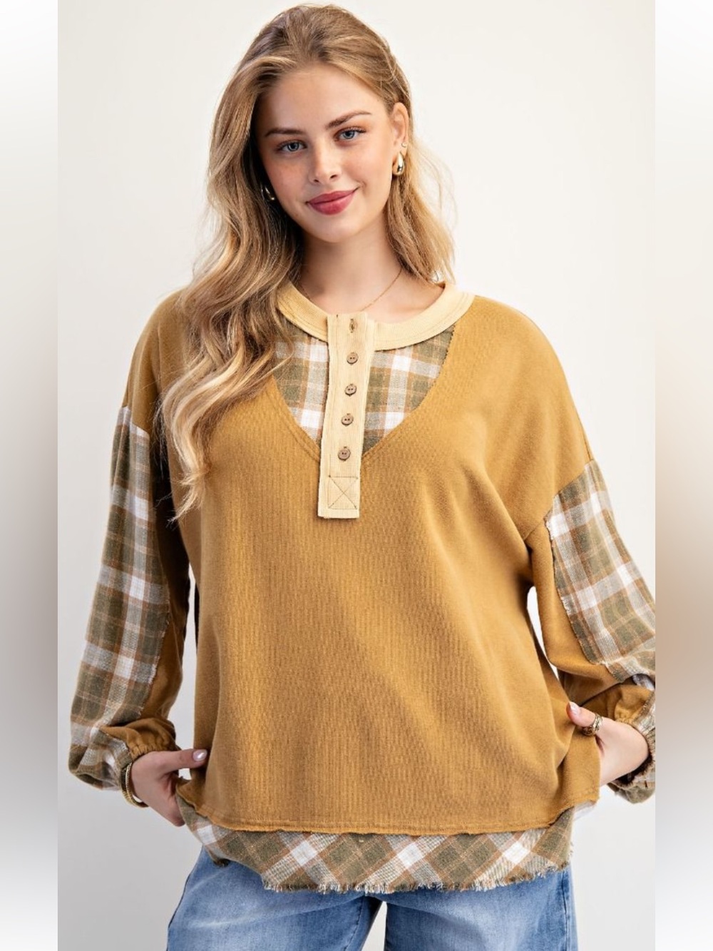 442 small - 3X EASEL FLANNEL PLAID MIX WASHED COTTON JERSEY HENLEY TOP